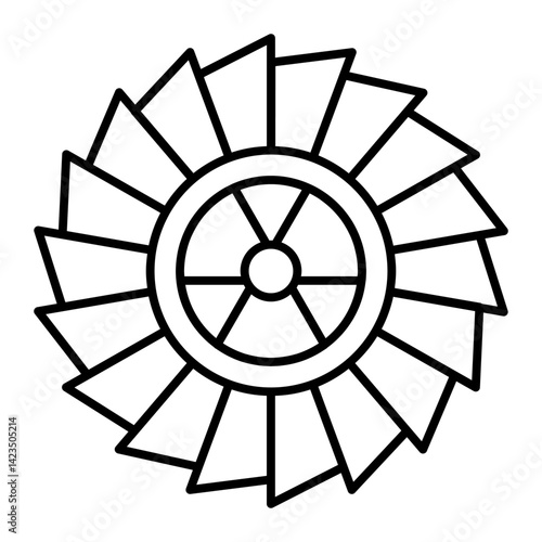 Turbine blades with radioactivity seal thin line icon, atomic energy concept. Vector graphics. Airflow fan sign on white background, linear style for mobile or design.