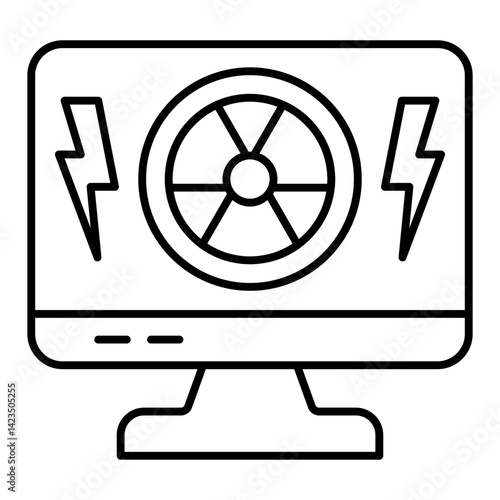 Monitor screen and radiation seal thin line icon, atomic energy concept. Vector graphics. Control display, radioactive sign on white background, linear style for mobile or design.