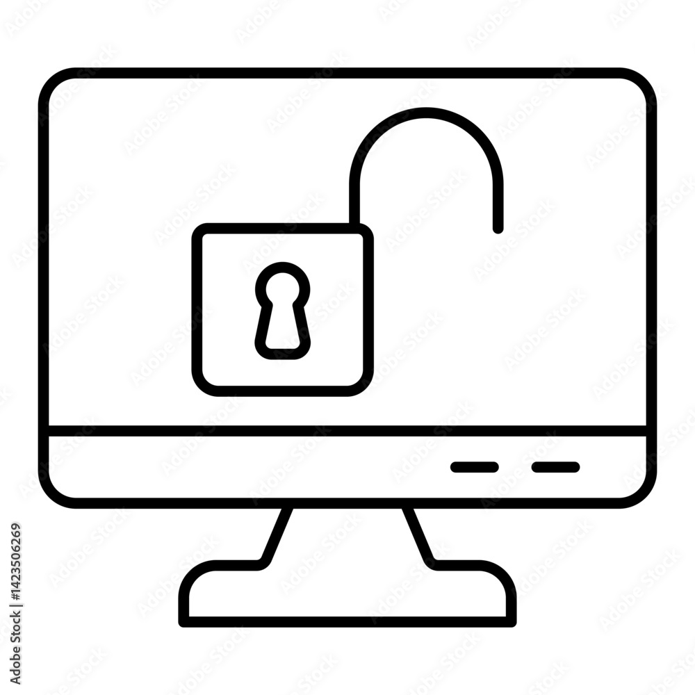 Monitor with unlocked padlock thin line icon, hacker attacks concept. Vector graphics. Display unlocked, screen protection sign on white background, linear style for mobile or design. Monitor with unlocked padlock thin line icon, hacker attacks concept. Vector graphics. Display unlocked, screen protection sign on white background, linear style for mobile or design.
