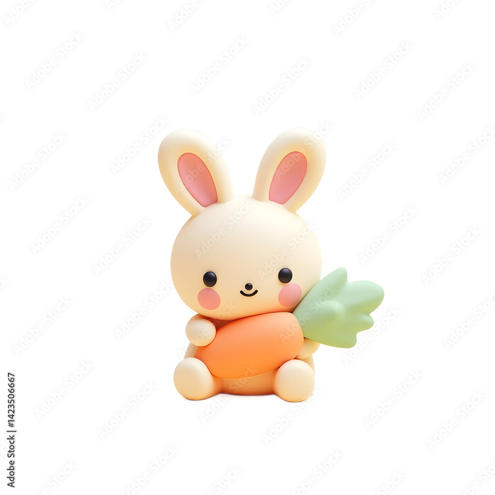 Fototapeta premium Cute Cartoon Rabbit Holding Carrot Toy on Light Yellow Background