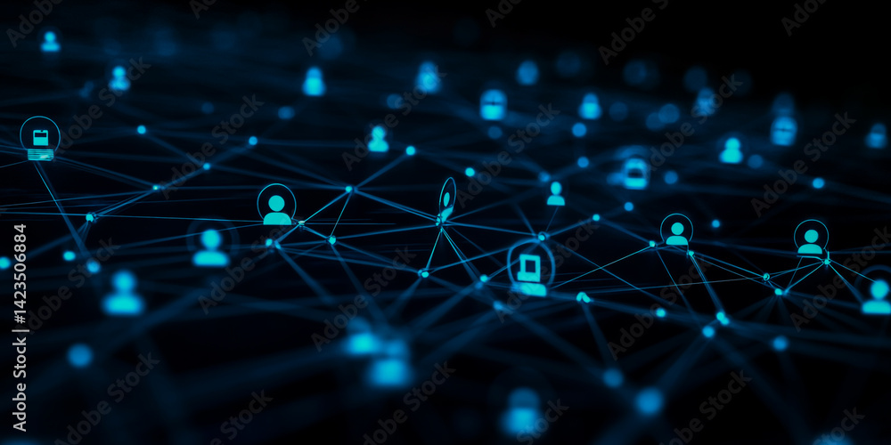 Futuristic digital background with blue glowing social media icons and abstract geometric shapes on a dark black background. Futuristic digital background with blue glowing social media icons and abstract geometric shapes on a dark black background.