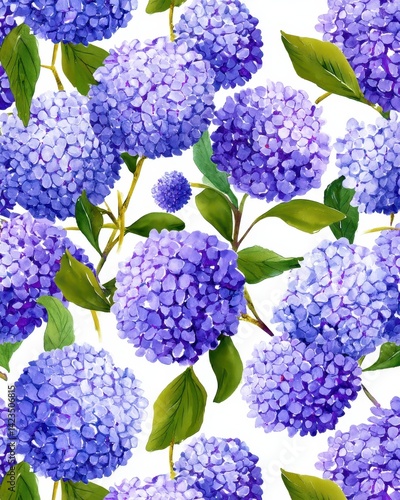 A beautiful seamless watercolor floral pattern featuring hydrangea flowers in shades of purple, lavender, and green. Romantic and elegant design.