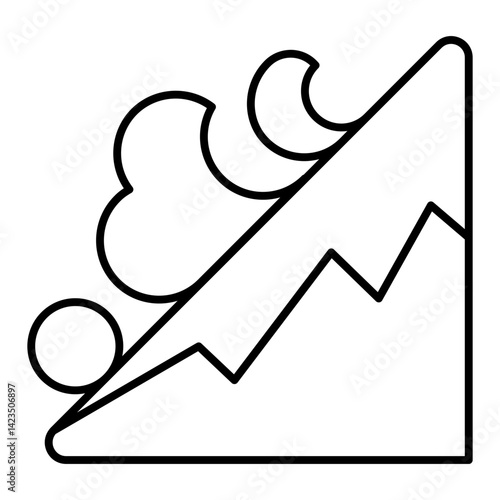 Mountain snow avalanche descent thin line icon, insurance concept. Vector graphics. Falling snowslide sign on white background, linear style for mobile or design.