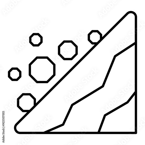 Mountain rockfall thin line icon, insurance concept. Vector graphics. Rolling rocks risk, ground sliding sign on white background, linear style for mobile or design.