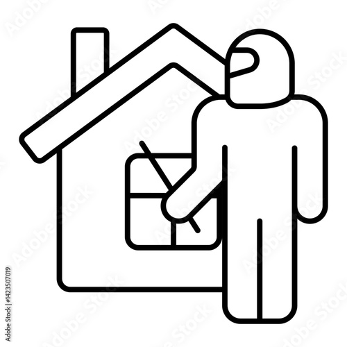 Thief man with mask at house thin line icon, insurance event concept. Vector graphics. Cottage building theft, crime sign on white background, linear style for mobile or design.