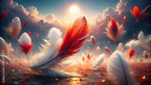 Surreal Red and White Feathers: Dreamlike Avian Fantasy Photography