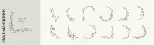 Set of elegant calligraphic botanical design elements, floral frame and graceful branches. Wedding wildflowers for invitation save the date card. Botanical feminine rustic vector illustration