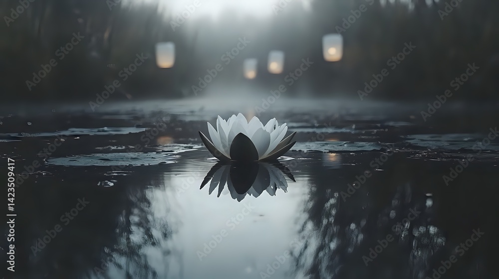 Fototapeta premium Serene Lotus Reflection on a Misty Pond