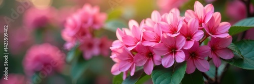 Dense cluster of pink flowers, vibrant hues, soft light, bright, vibrant, flowers