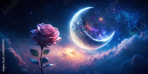Surreal Crescent Moon Rose Stars Night Sky Dreamy Celestial Photography