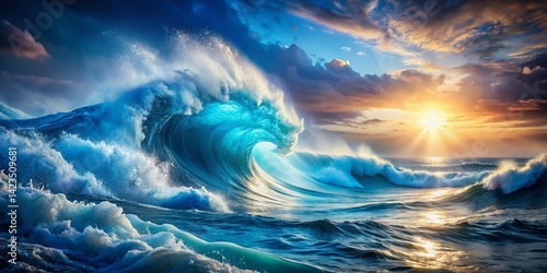 Surreal Blue Gradient Wave Background with Text Overlay - Abstract Stock Photo