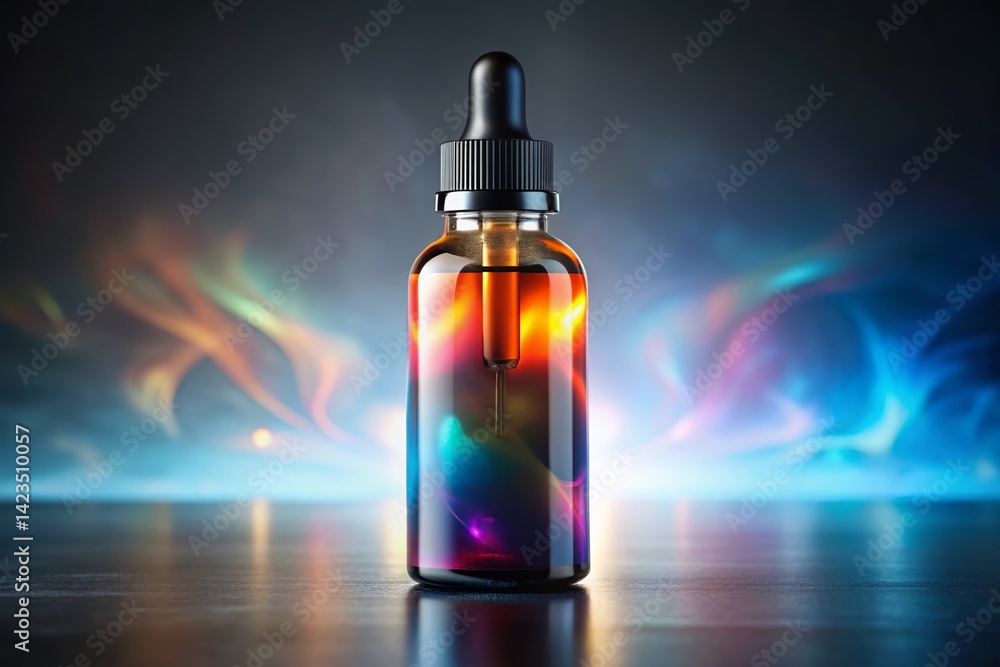 Naklejka premium Surreal 3D Render: Black Label Vape Bottle with Liquid, White Background