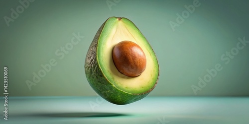Surreal 3D Render: Falling Avocado, Dark Green Skin, White Background