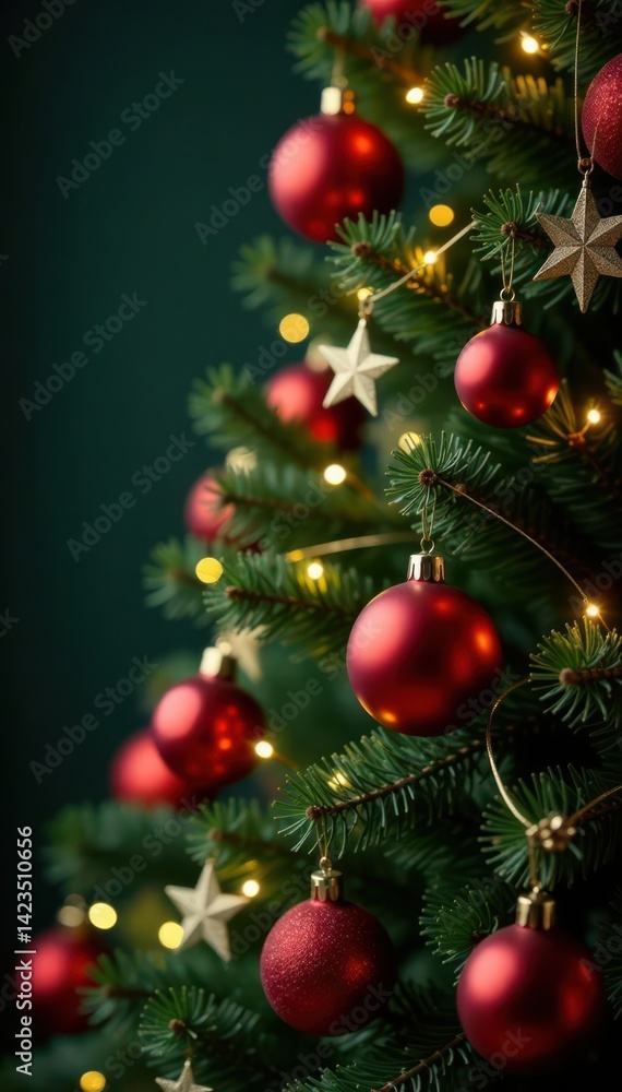 Classic Christmas tree, adorned with red baubles and golden stars , red, christmas spirit Classic Christmas tree, adorned with red baubles and golden stars , red, christmas spirit