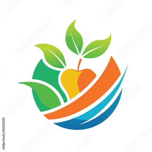Vibrant minimal logo design for a nutrition consultancy featuring a fruit and leafy elements in a circular layout, focusing on health and wellness in a modern style