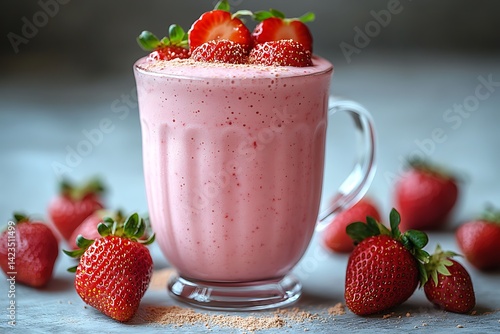 Strawberry smoothie in glass mug, topped with fresh strawberries and sprinkled topping