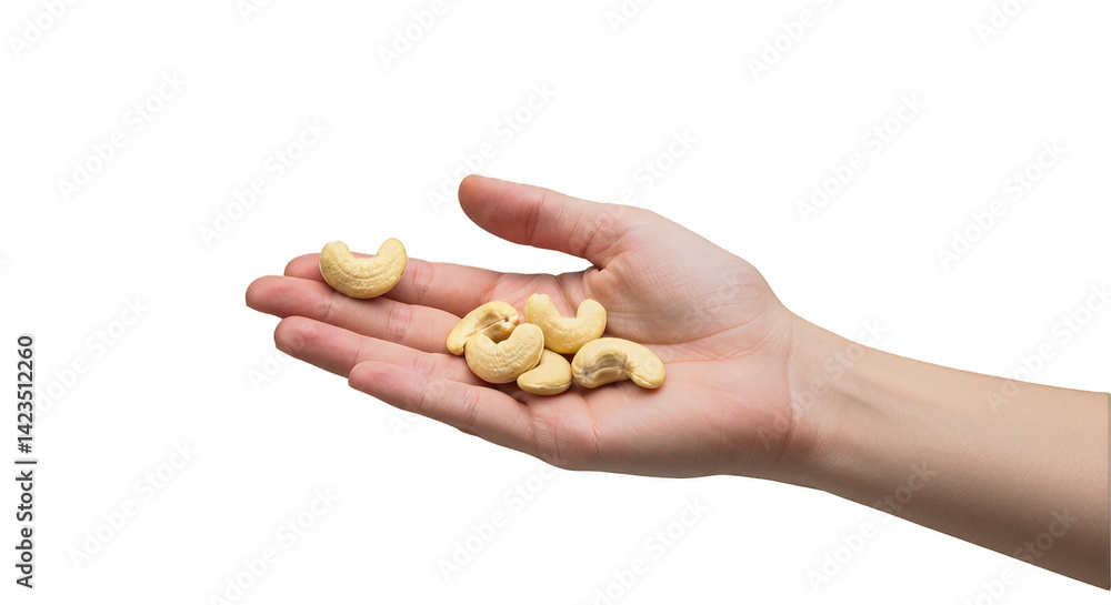 Hand holding a handful of cashew nuts against black studio background Hand holding a handful of cashew nuts against black studio background