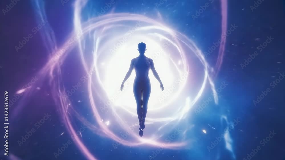 Silhouette of a woman levitating within a cosmic portal, surrounded by nebulae and ethereal light in a surreal, otherworldly scene. Silhouette of a woman levitating within a cosmic portal, surrounded by nebulae and ethereal light in a surreal, otherworldly scene.