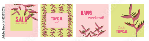 Set of exotic floral square art templates with Heliconia. Tropical summer background for seasonal promo, store display, social media posts or web ads and promotions. Trendy vector illustrations