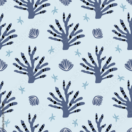 Folk hygge sea seamless pattern, fishes, seaweeds, corals, flowers and leaves scandinavian nordic style, ocean motives on background for wrapping, textile, digital and scrapbook paper