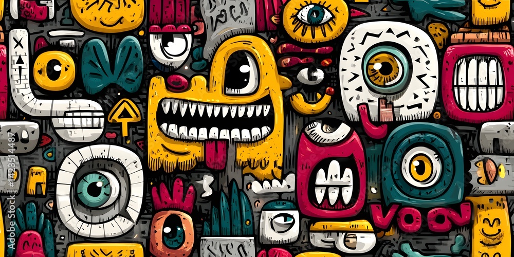 Obraz premium A vibrant street art mural blending cultural symbols and abstract patterns, celebrating diversity and unity. Its bright, playful feel suits children's educational materials or fun, friendly products.