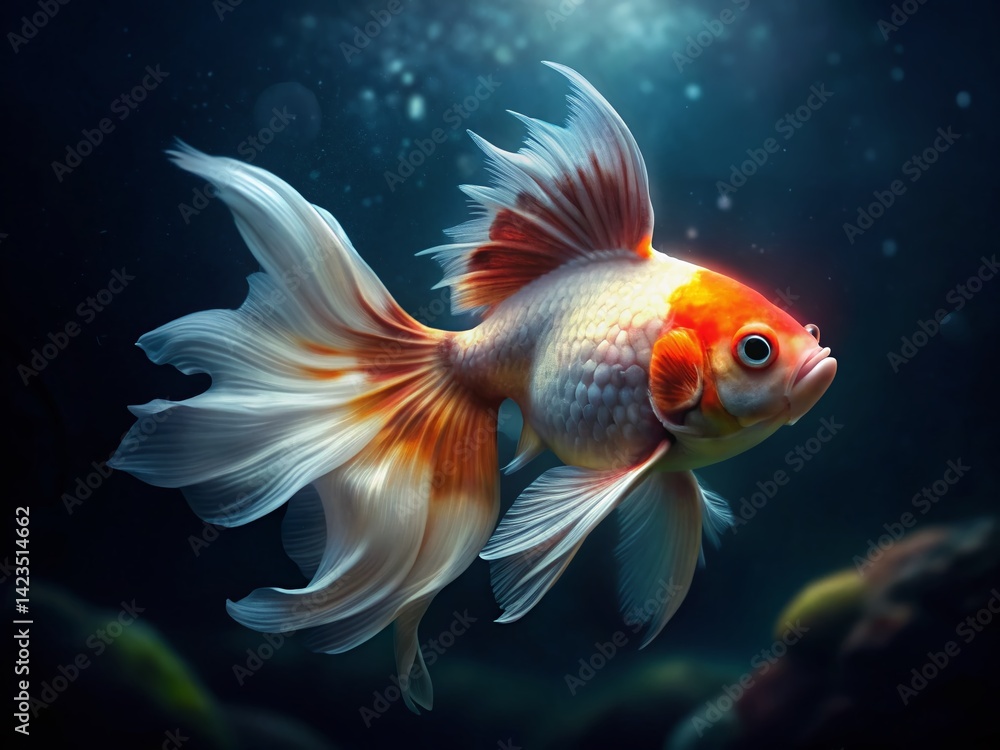 Stunning Close-up of Goldfish with White Tail in Aquarium, Night Photography Stunning Close-up of Goldfish with White Tail in Aquarium, Night Photography