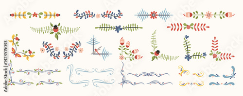 Folk decorative corners and monograms clip arts vector set in Scandinavian style, hygge isolated designs on white. Collection of folkloric floral elements - branches, flowers, leaves