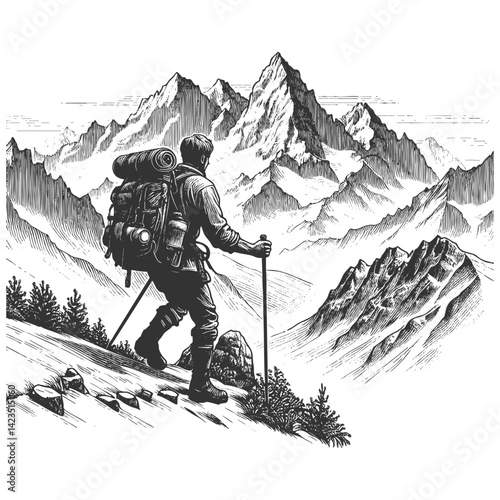 hiker with gear standing on a mountain slope, gazing at dramatic alpine peaks sketch engraving generative ai fictional character vector illustration. Scratch board imitation. Black and white image.