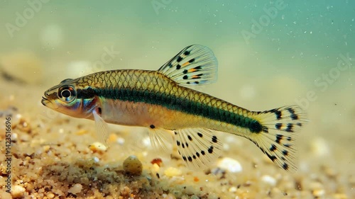 Close-up of a colorful darter fish swimming over sandy bottom of a stream, showcasing its iridescent scales, distinct markings, and natural habitat.
