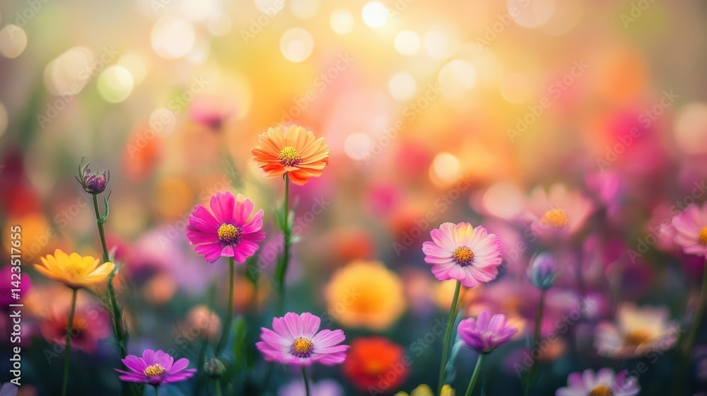 Fototapeta premium Flower field with assorted blooms under soft sunlight, creating dreamy atmosphere