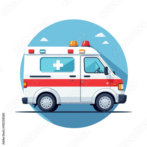 Side view of an ambulance vehicle with sirens on blue background copy space