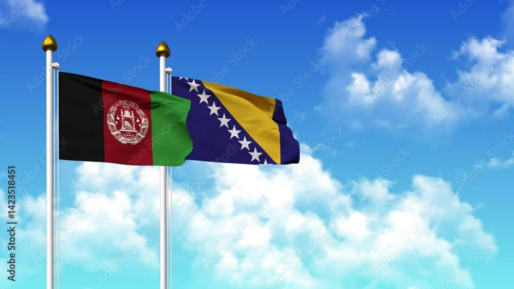 Waving flags of AFGHANISTAN and BOSNIA on pole included with alpha channel Waving flags of AFGHANISTAN and BOSNIA on pole included with alpha channel