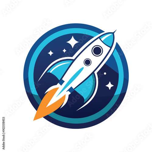 Innovative logo design showcasing a rocket representing a modern space tourism technology company focused on exploration and adventure in a vibrant cosmic environment