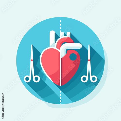 Heart surgery illustration with heart and scissors on light blue background copy space