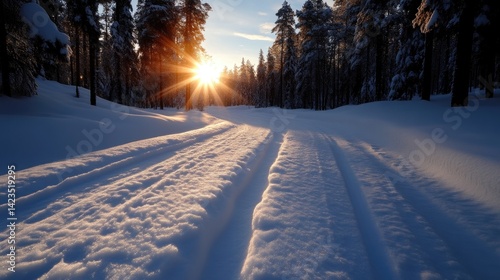 Snowy winter trail at sunset through a pine forest.  Sunlight beams through the trees onto pristine snow