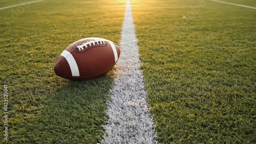 The photo captures the anticipation and beauty of a football game. The sun sets over an American football field, casting long shadows and creating a golden glow on the turf.