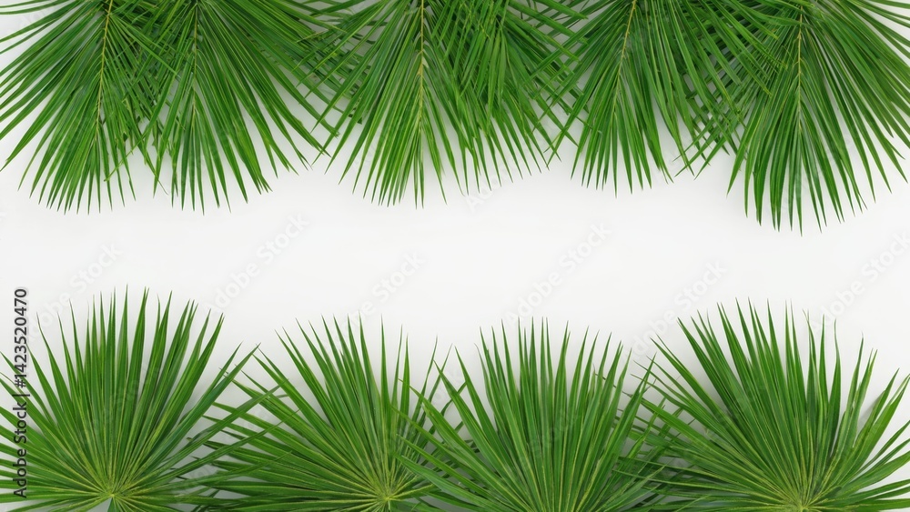 A row of green palm leaves are arranged in a line. The leaves are long and thin, and they are all facing the same direction. The image has a calming and peaceful mood A row of green palm leaves are arranged in a line. The leaves are long and thin, and they are all facing the same direction. The image has a calming and peaceful mood