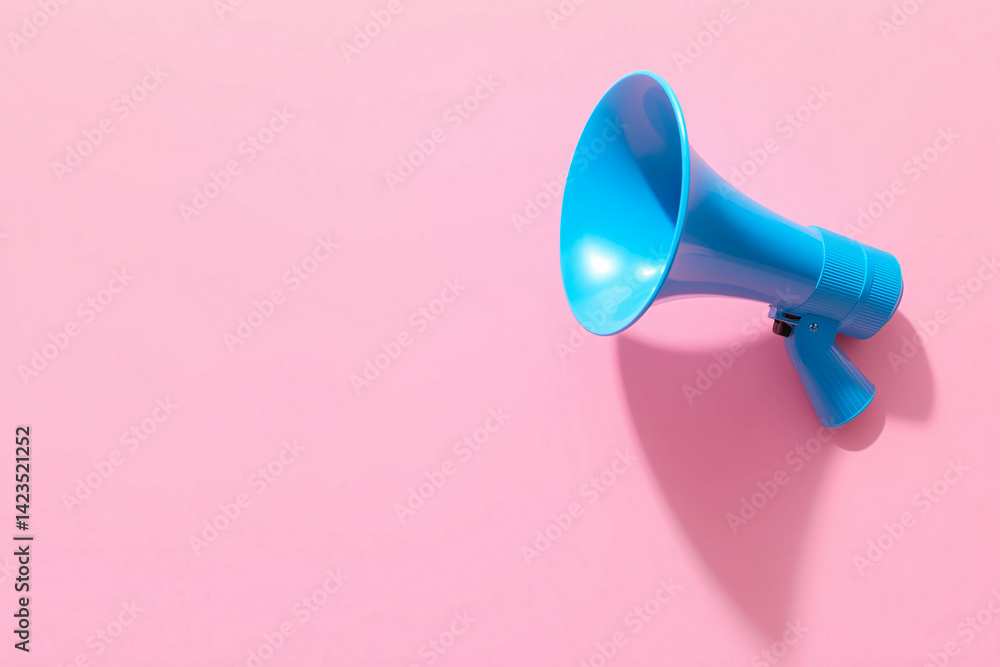 Blue plastic megaphone with a sleek design, casting a shadow on a pink background, symbolizing communication and announcement. Blue plastic megaphone with a sleek design, casting a shadow on a pink background, symbolizing communication and announcement.
