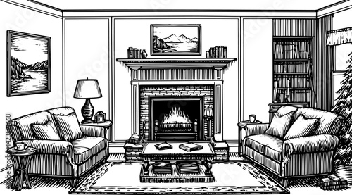 Vintage Cozy living room with fireplace in black and white line drawing for home decor.
