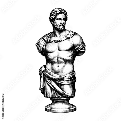 Classical male bust in woodcut style in black and white for ancient sculpture.