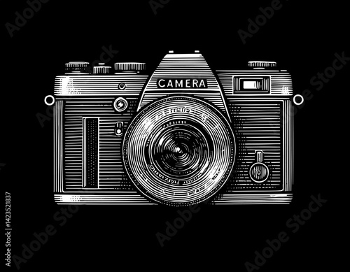 Vintage 35mm film camera illustration in woodblock print style in black and white for classic ads.