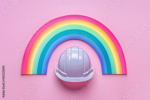 A white construction helmet on a pink background with a rainbow arching over, representing safety and hard work for Labor Day.