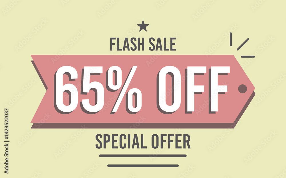 Fototapeta premium 65% off sixty five percent off 65%off flash sale, special offer discount 65 % off retail, price, sale, percentage, money, offer, promotion, discount, business finance, retrô design.