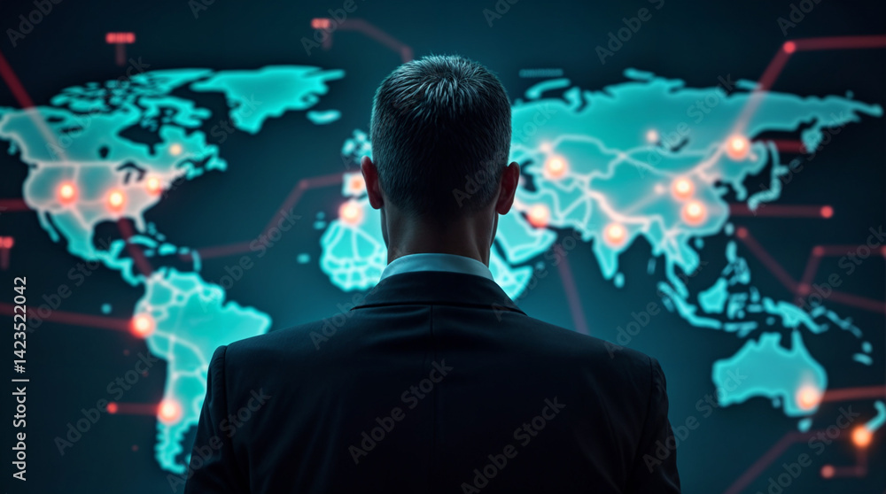 Businessman analyzing global digital map with network connections Businessman analyzing global digital map with network connections