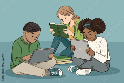 Diverse children actively engaged in learning, using both tablets and traditional books simultaneously, showcasing a blended learning approach.
