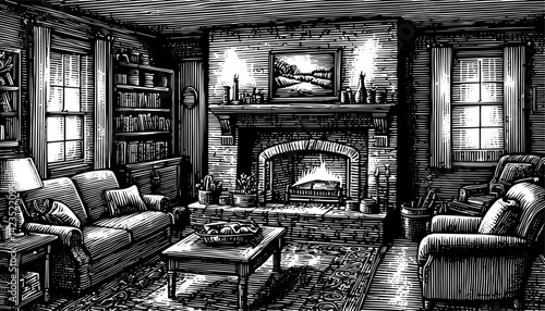 Warm living room with fireplace in black and white woodblock print for homey scenes.
