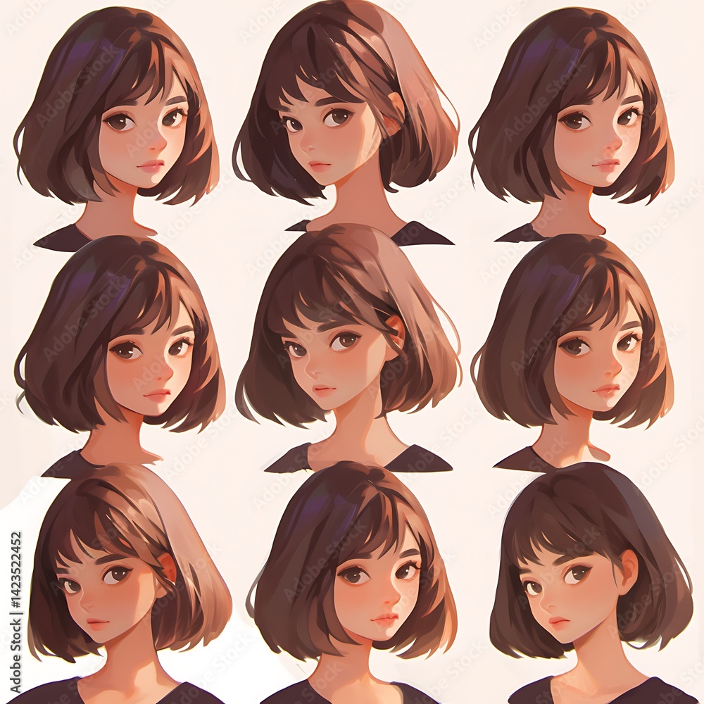 Nine Portraits of a Young Woman with Brown Hair Featuring Soft Lighting and Aesthetic Expression