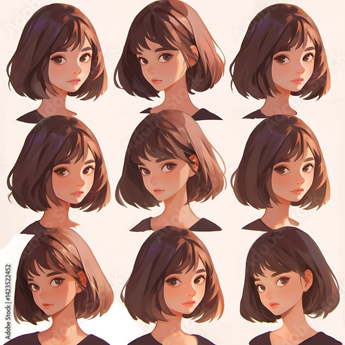Nine Portraits of a Young Woman with Brown Hair Featuring Soft Lighting and Aesthetic Expression