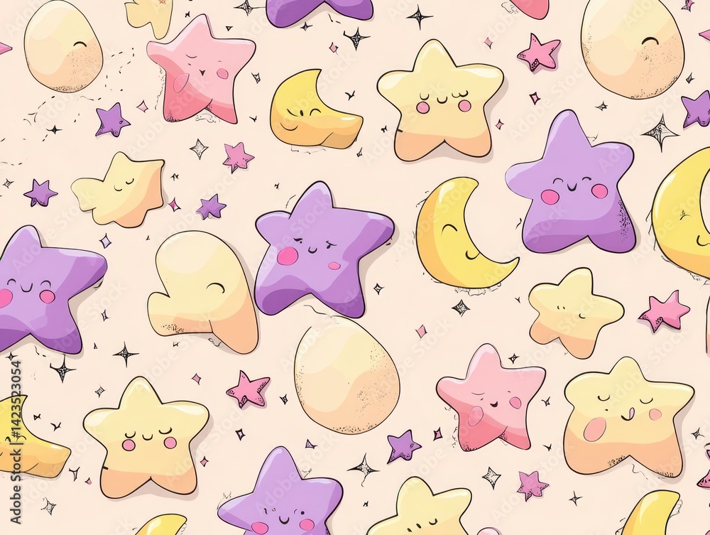 Obraz premium A whimsical, repeating pattern of smiling stars, crescent moons, and rounded shapes in pastel hues on a soft, light-colored backdrop.
