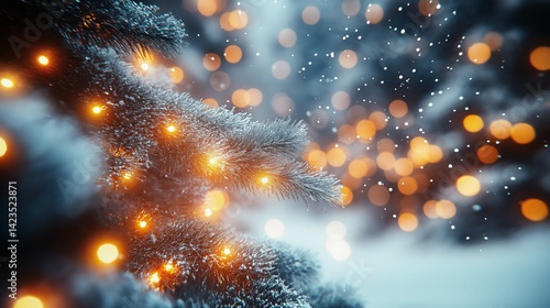 Snowy Winter Christmas Tree with Warm Lights, Festive Background